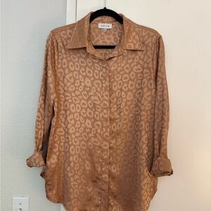 ACOA Satin Leopard Print Button-Up Shirt in Camel